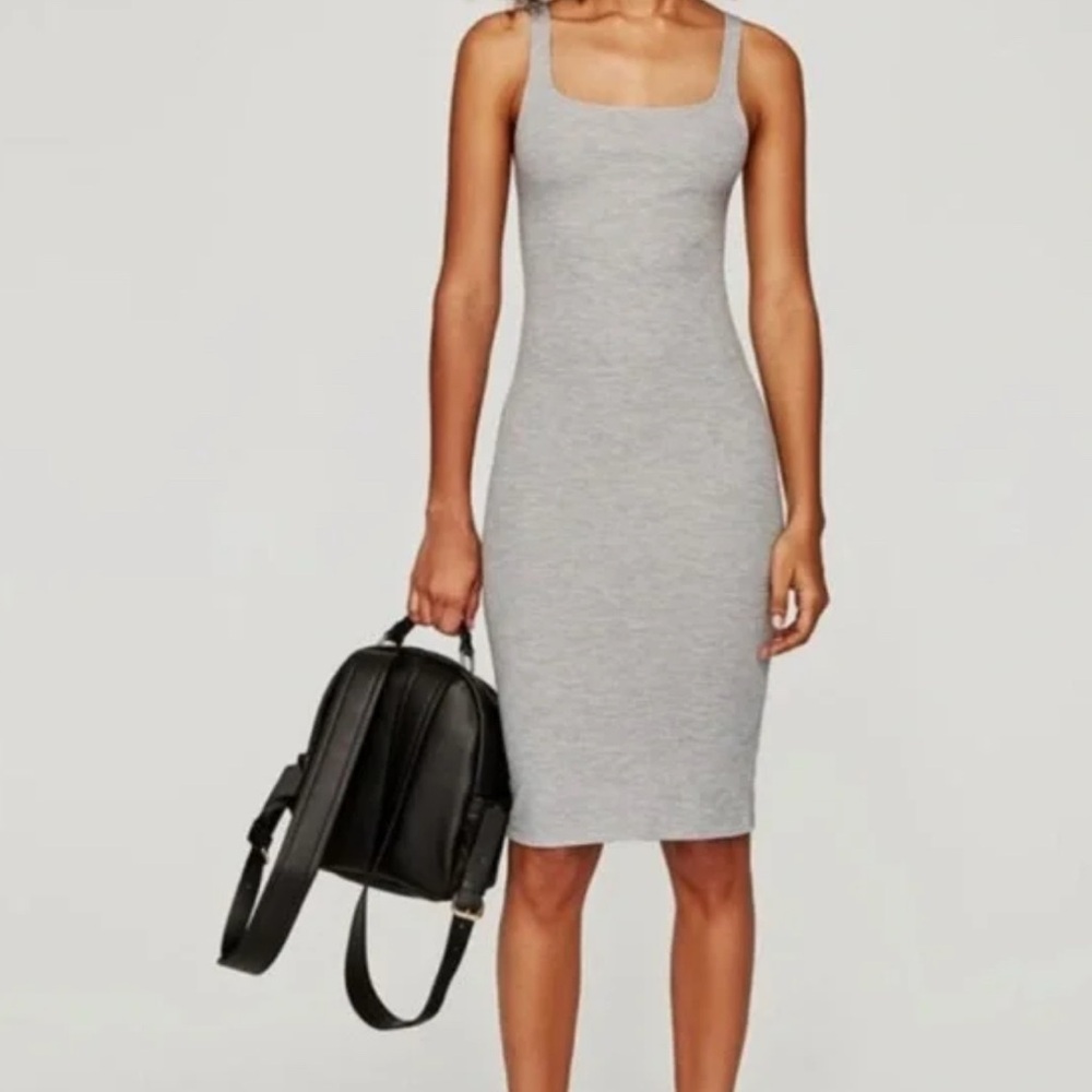 ZARA Fitted Midi Dress square neck NWOT small Grey